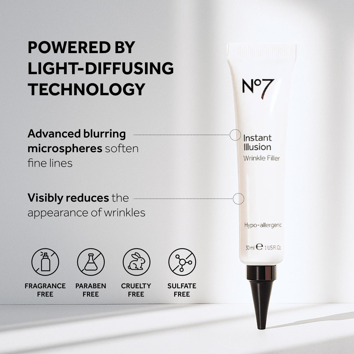 No7 texture close-up showing lightweight velvety serum and instant blur effect