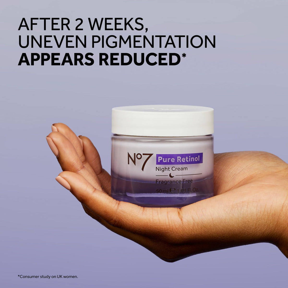 Close-up of No7 jar label highlighting retinol, peptides, and fragrance-free