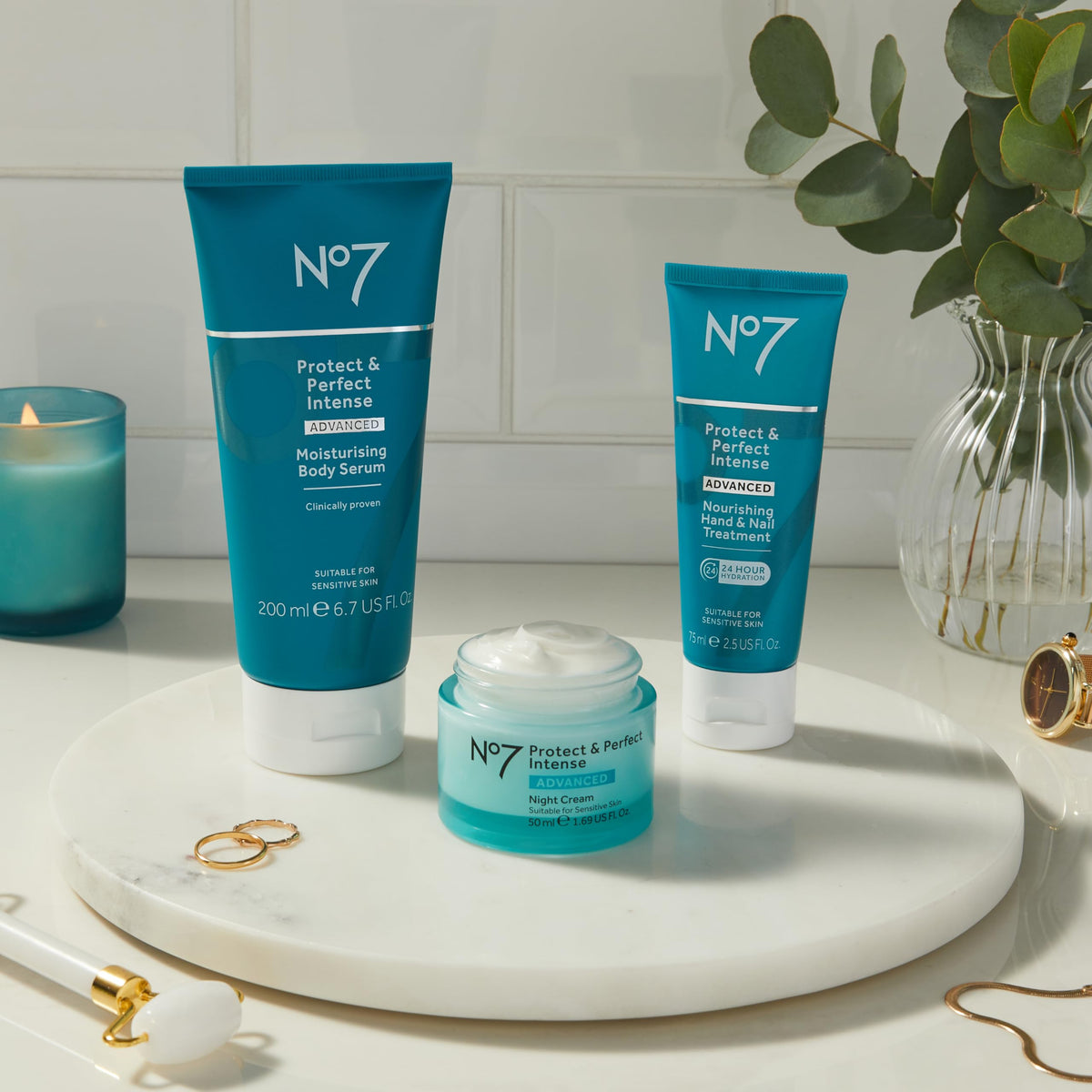 No7 serum on bathroom counter as part of routine for daily care benefit