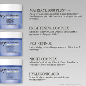 No7 ingredients display with hibiscus and vitamin C elements highlighting brightening