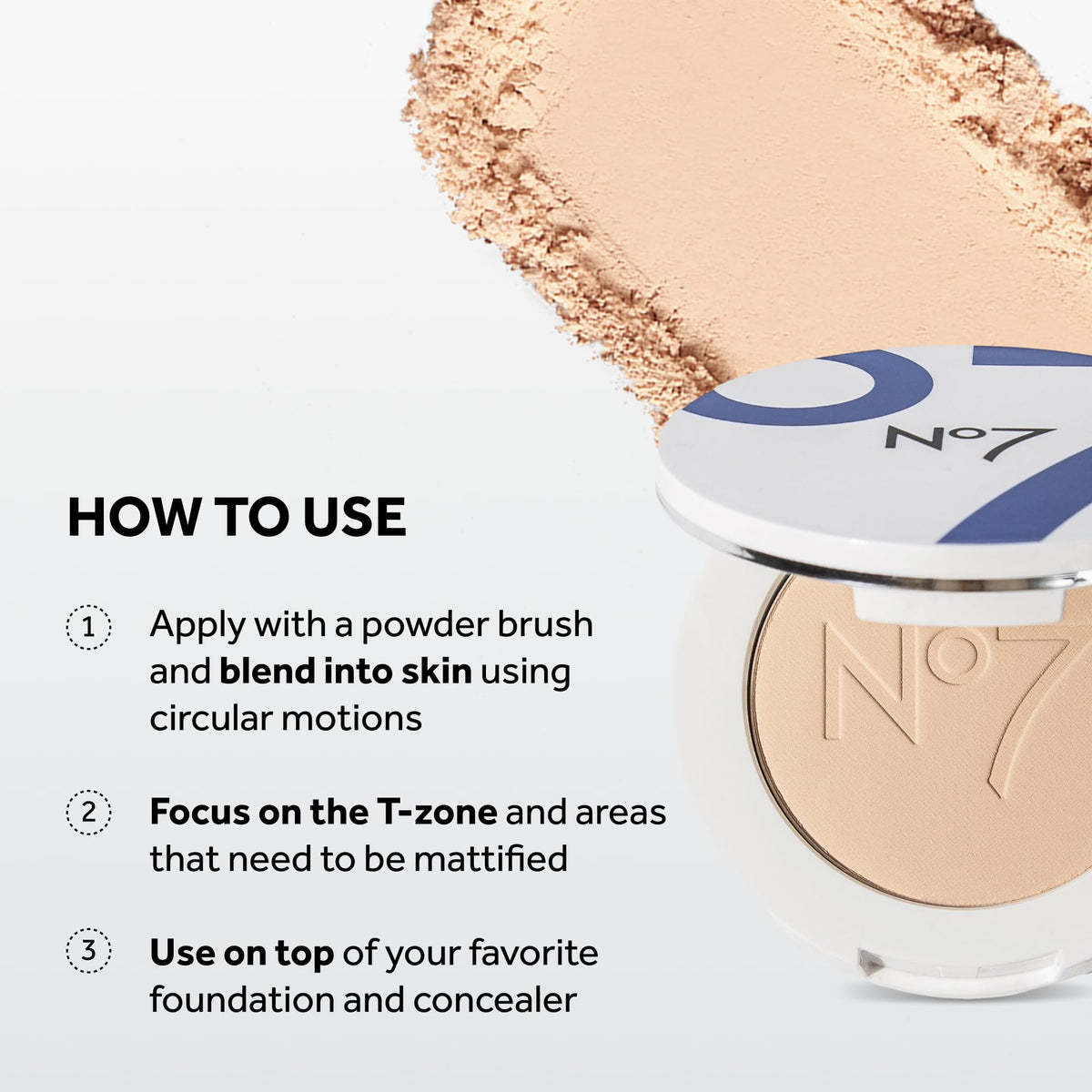 No7 powder swiped on brush highlighting silky texture and even pickup
