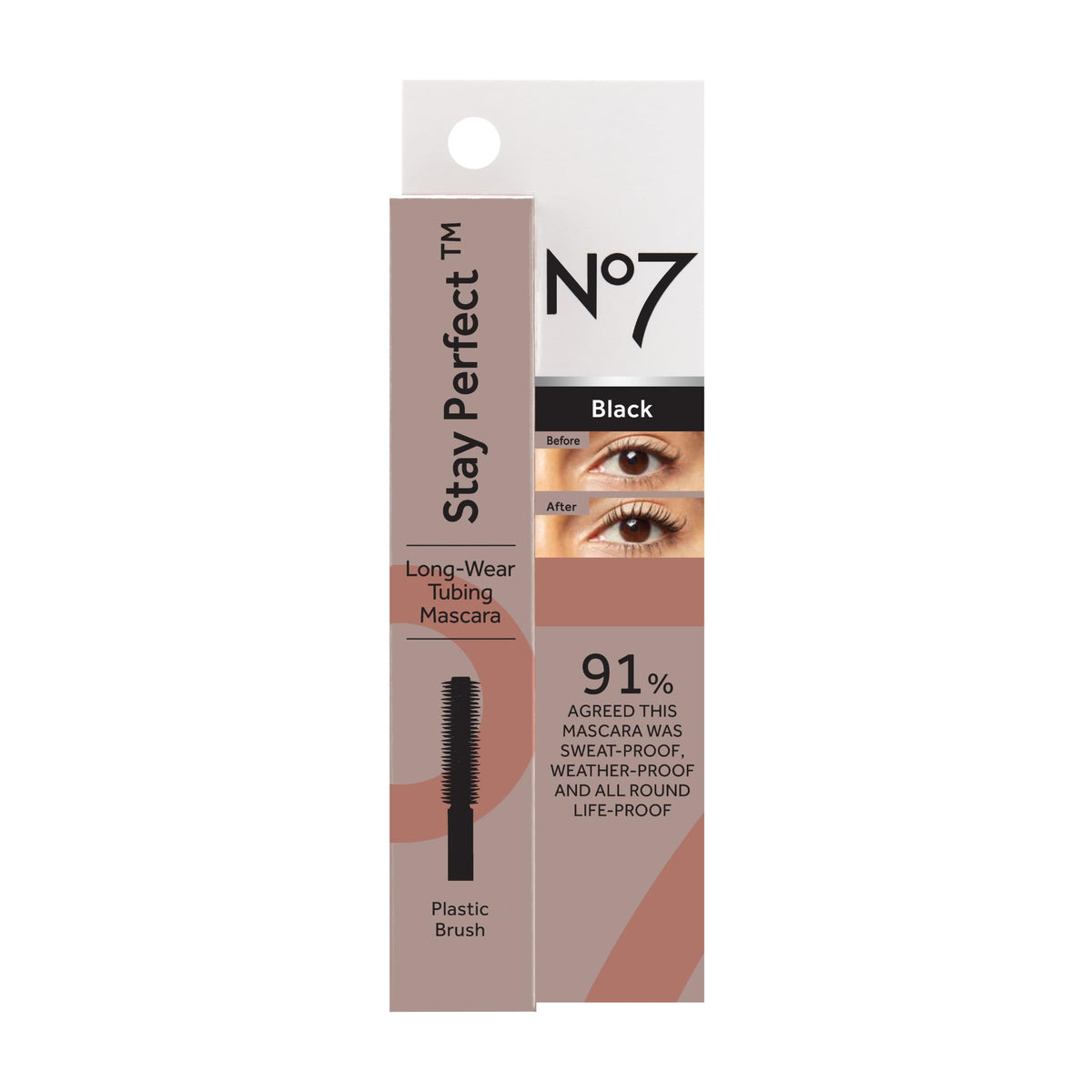 No7 mascara held in hand for scale, compact 7ml travel-friendly benefit