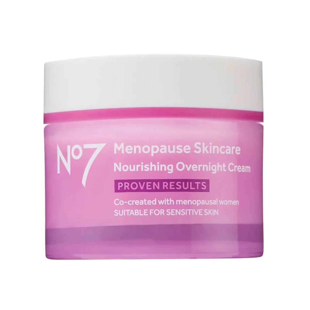 No7 front packaging of menopause overnight cream shows elegant jar and clear branding for confidence