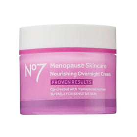 No7 front packaging of menopause overnight cream shows elegant jar and clear branding for confidence