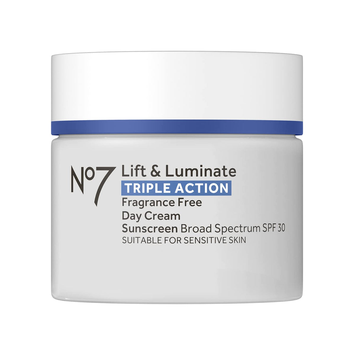 No.7 front packaging showing Lift & Luminate SPF 30 and benefits