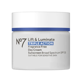 No.7 front packaging showing Lift & Luminate SPF 30 and benefits