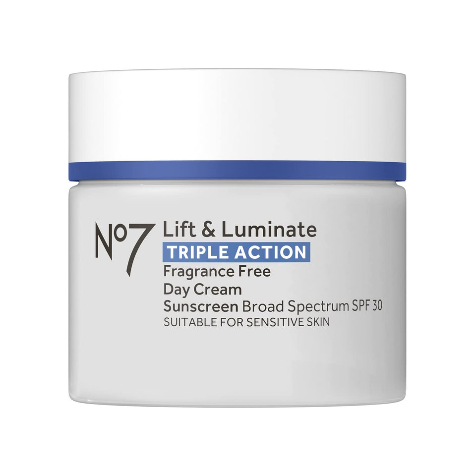 No.7 front packaging showing Lift & Luminate SPF 30 and benefits