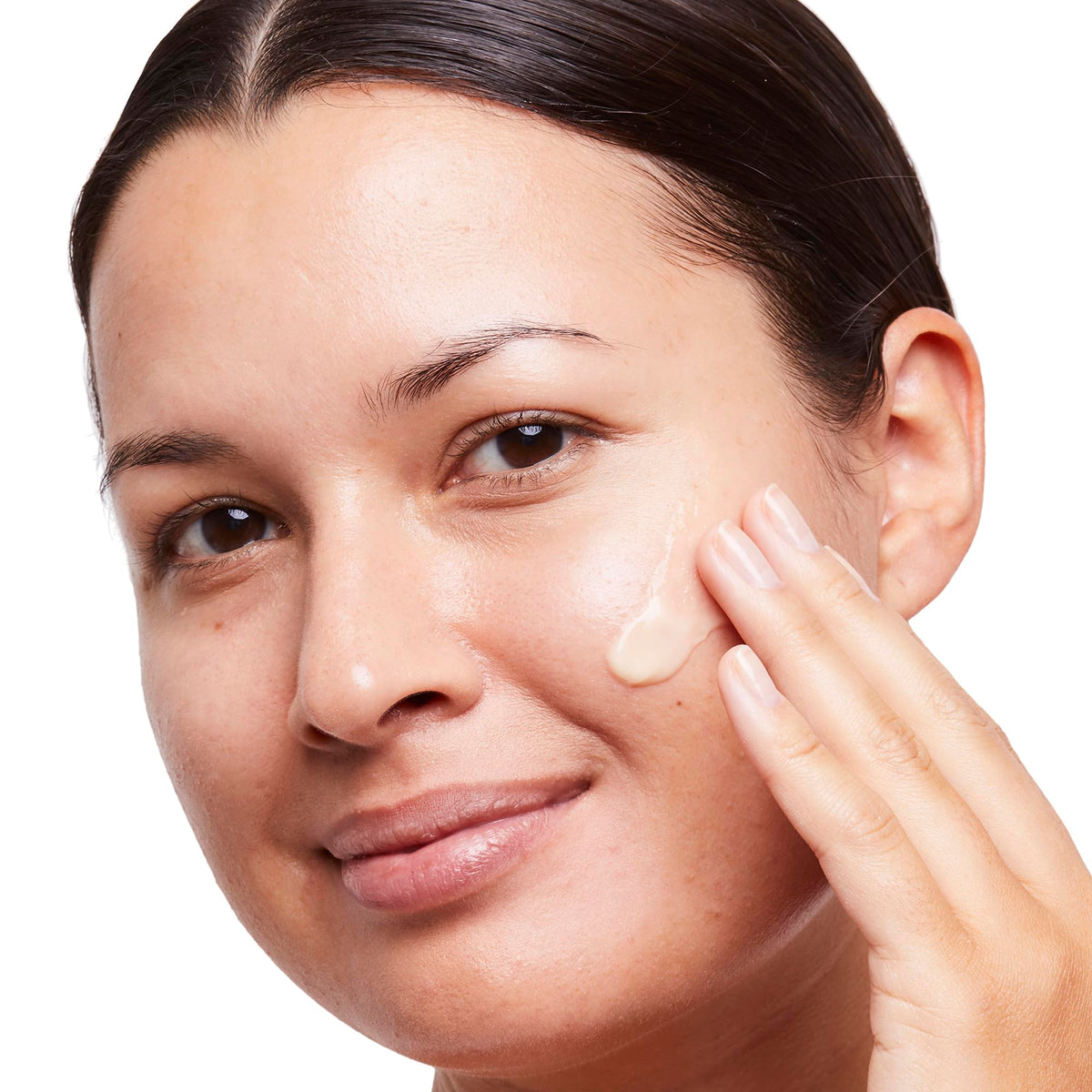 No7 close-up of cream on fingertip, shows easy application and quick absorbency