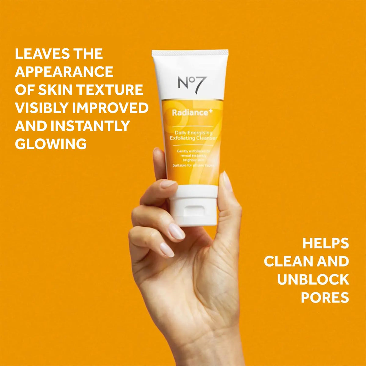 No7 products held in hand for size comparison illustrating travel-friendly convenience