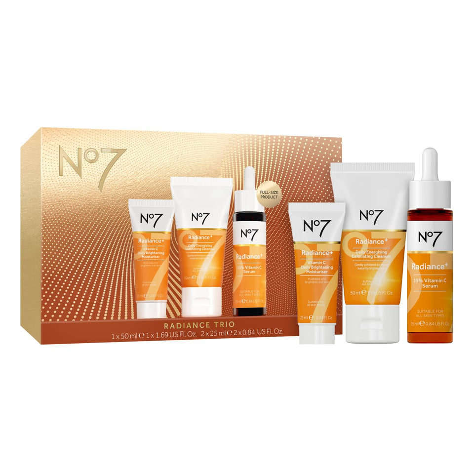 No7 Radiance trio front packaging showing all three products and gift-ready presentation