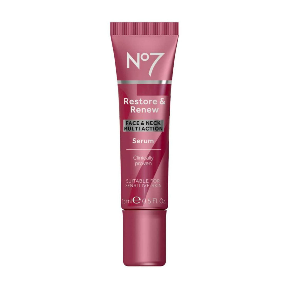 No7 bottle front view showing product branding and elegant packaging benefit clarity