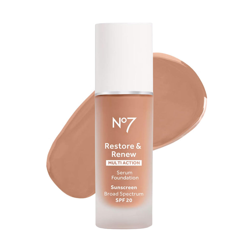 No7 Restore & Renew front bottle in Wheat showing label and sleek packaging for easy identification