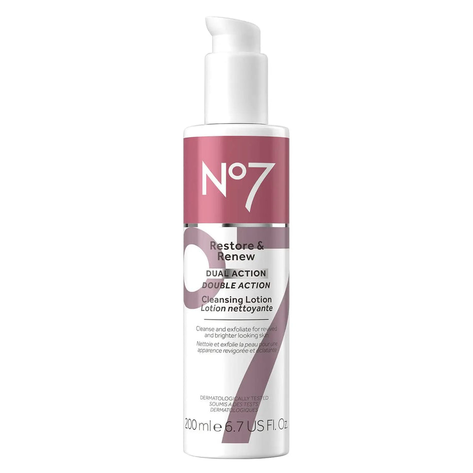 No7 bottle front view showing packaging and benefits for age-defying cleansing