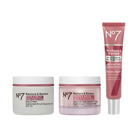 No7 front packaging of Restore & Renew kit showing complete three-piece set and benefits