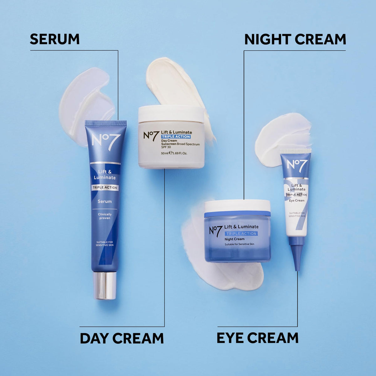 No7 bottle with Emblica and hibiscus flatlay showing main brightening and firming ingredients
