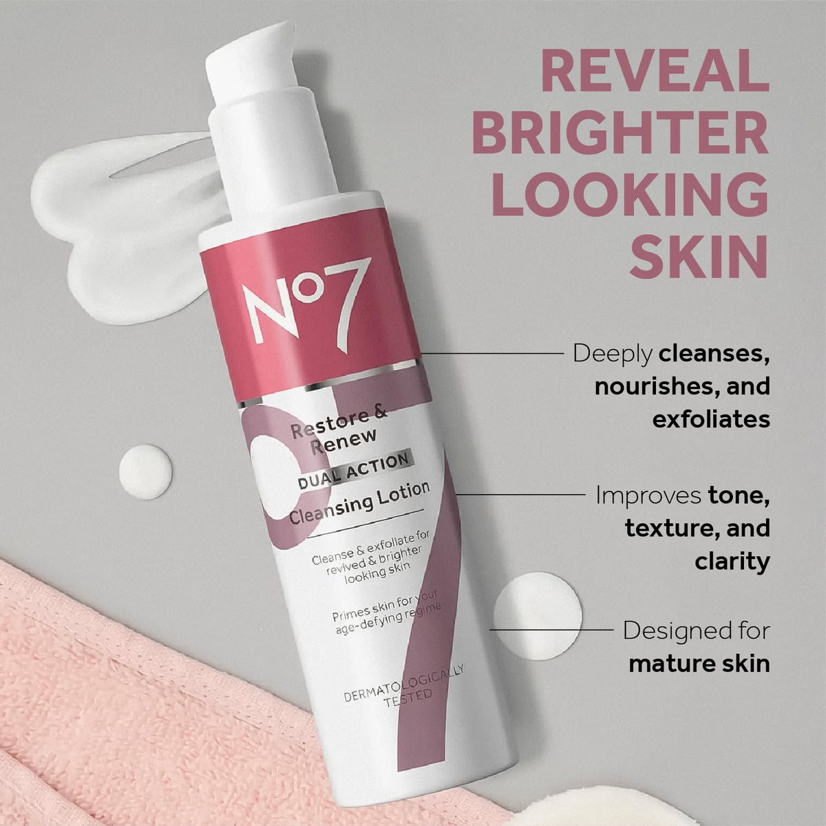 No7 lotion texture close-up illustrating smooth, hydrating exfoliating cream