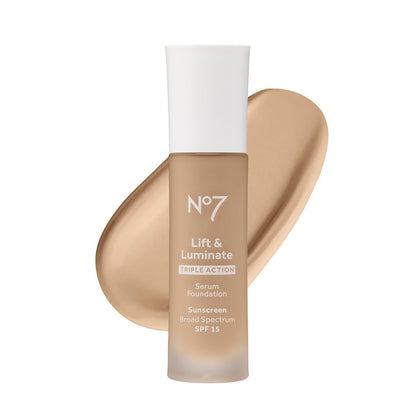 No7 front bottle showing Warm Ivory shade and sleek pump finish, builds radiant base