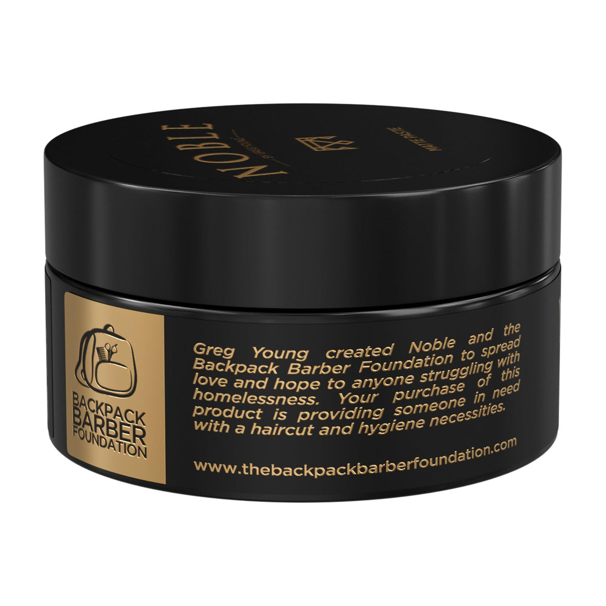Noble By Greg Young label close-up highlighting made-in-USA and water-soluble benefits