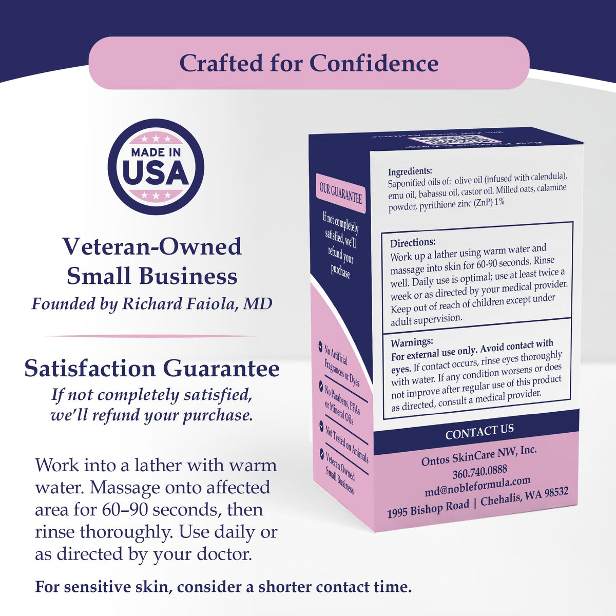 Noble Formula ingredient label highlighting pyrithione zinc and emu oil
