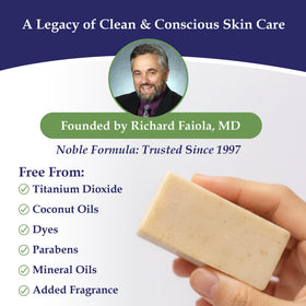 Noble Formula soap on bathroom shelf suggesting daily skincare routine