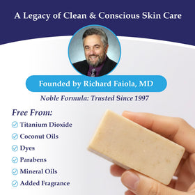 Noble Formula soap on bathroom shelf in natural light showing handmade quality benefit
