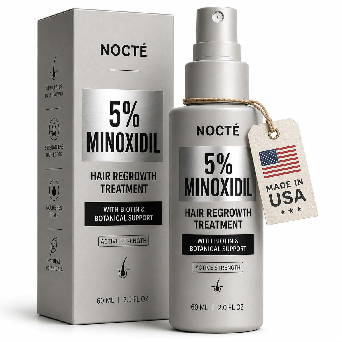 NOCTE front packaging showing 60ml bottle and branding benefit targeting hair regrowth
