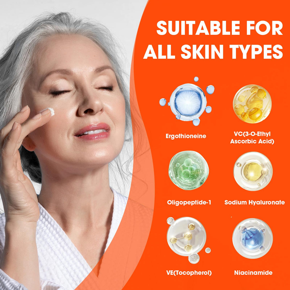 Nodfens close-up ingredient label highlighting vitamin C, peptides and hyaluronic acid benefits