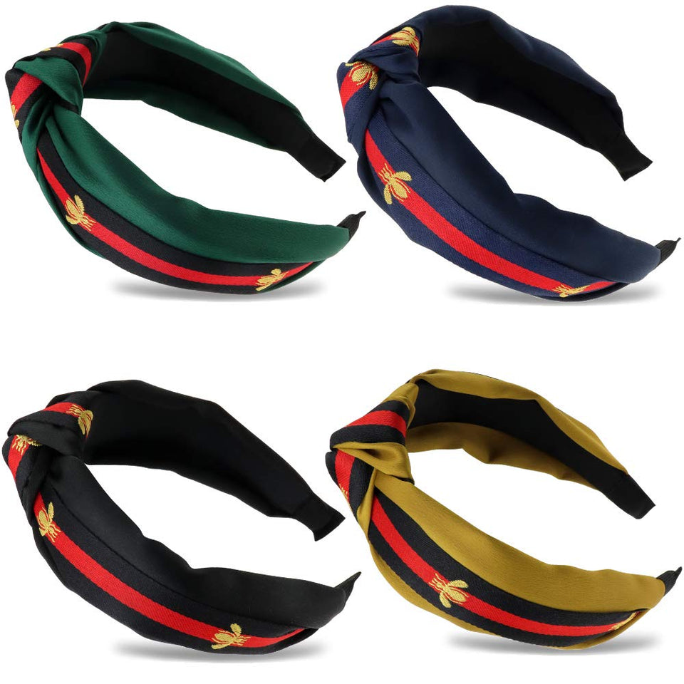 NODG front view of four knotted headbands showing colors and neat finish, stylish convenience