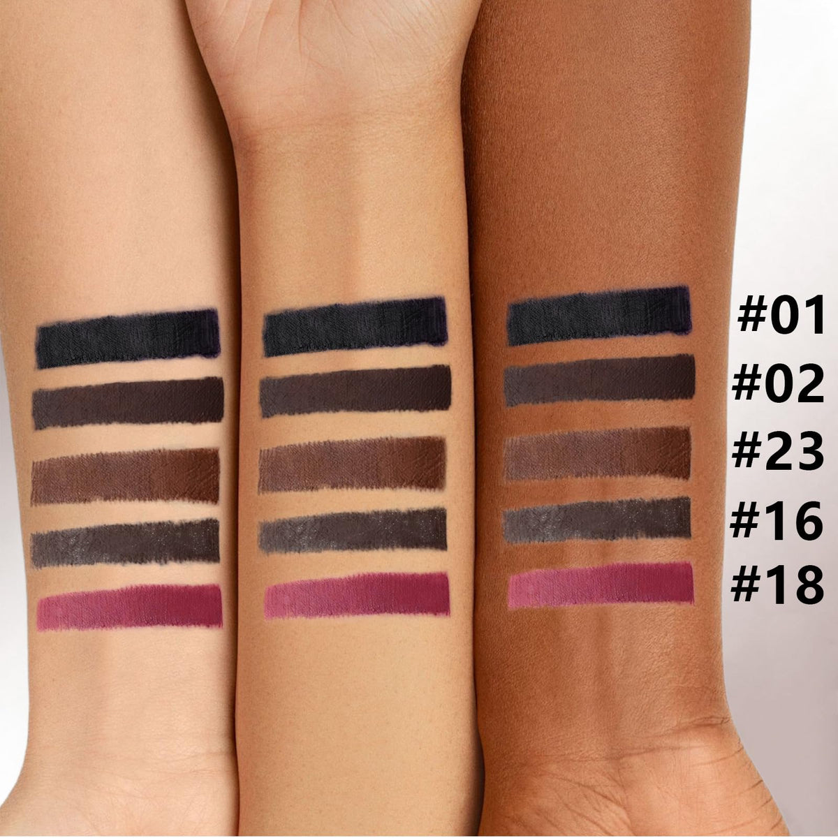 Noerrors swatch strip of Black Tan Metallic Brown Coffee Brown Plum for shade selection