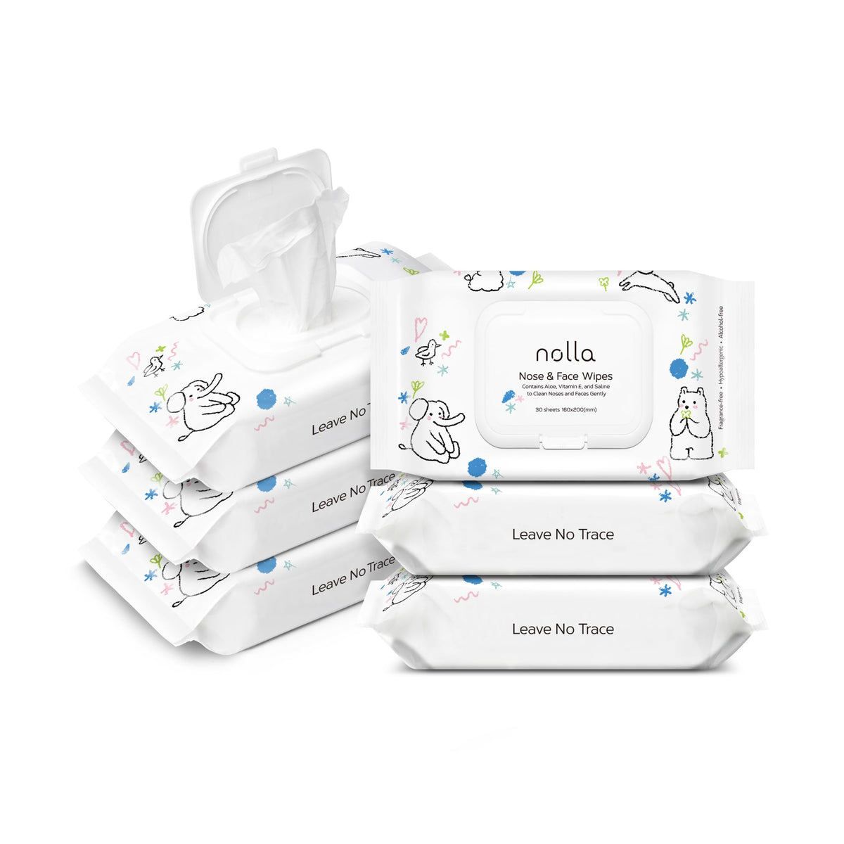 Nolla front packaging showing six 30-count compostable packs and benefits