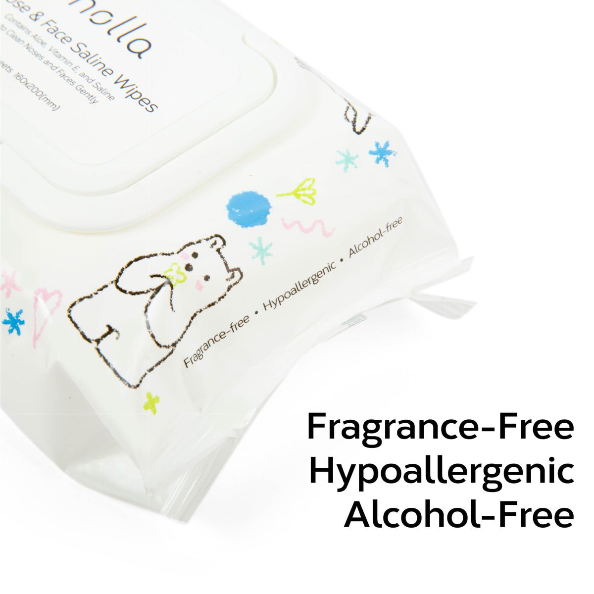 Nolla ingredients label showing saline, aloe and vitamin E benefits