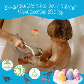 Child enjoying a bath with Nomemio dinosaur egg creating bubbles and entertainment