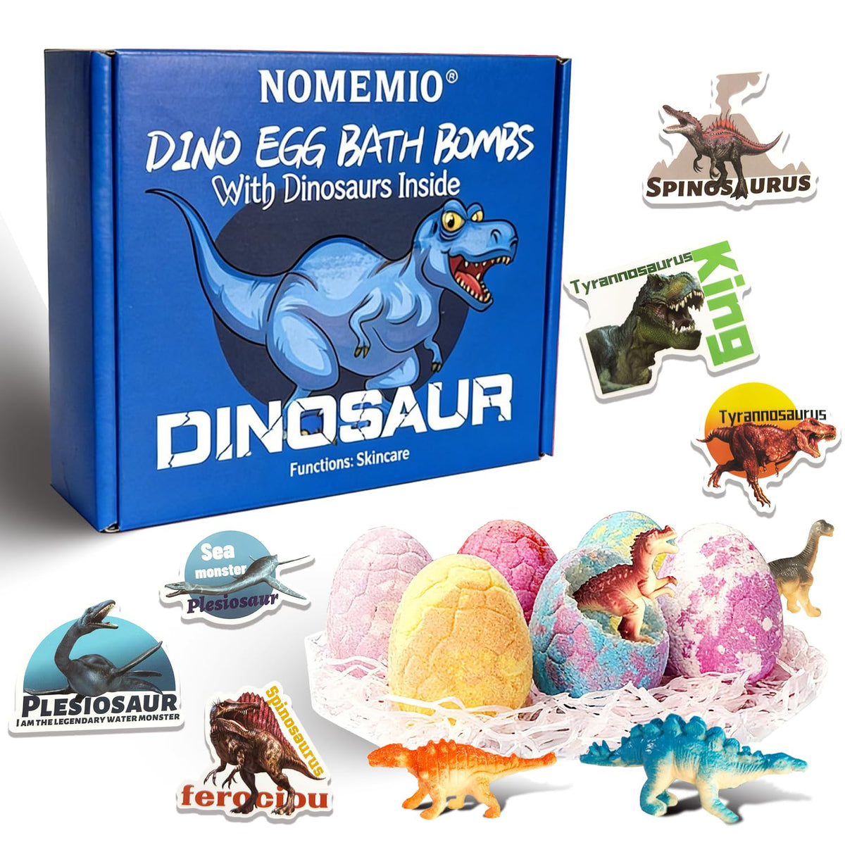 Nomemio packaging front view showing six blue dinosaur egg bath bombs and gift-ready box