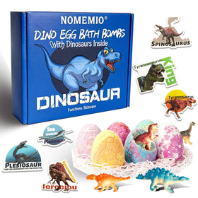 Nomemio packaging front view showing six blue dinosaur egg bath bombs and gift-ready box