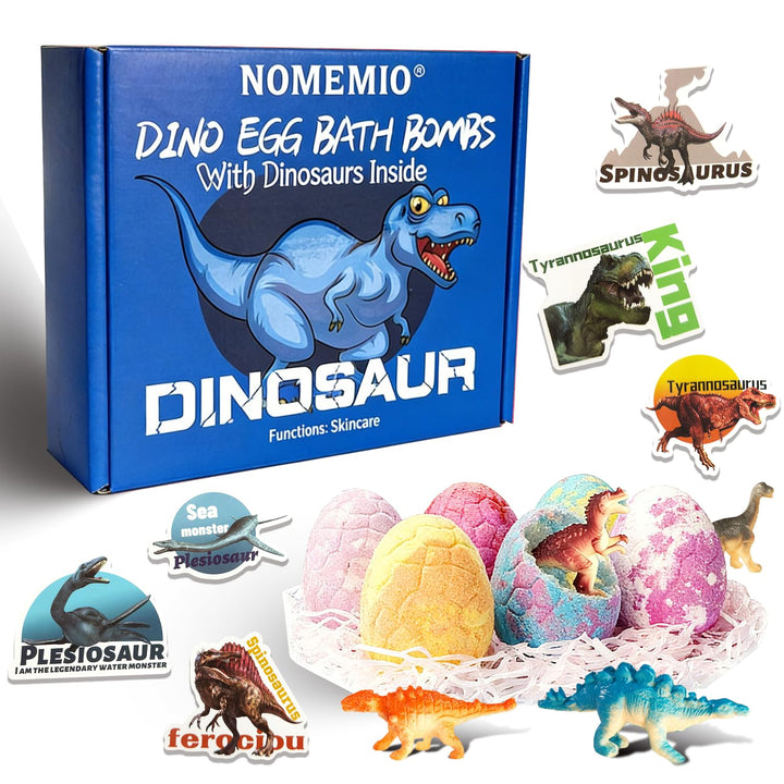 Nomemio packaging front view showing six blue dinosaur egg bath bombs and gift-ready box
