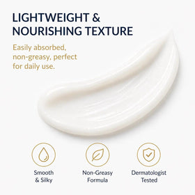Noni Energy cream on fingers demonstrating lightweight spreadability and quick absorption