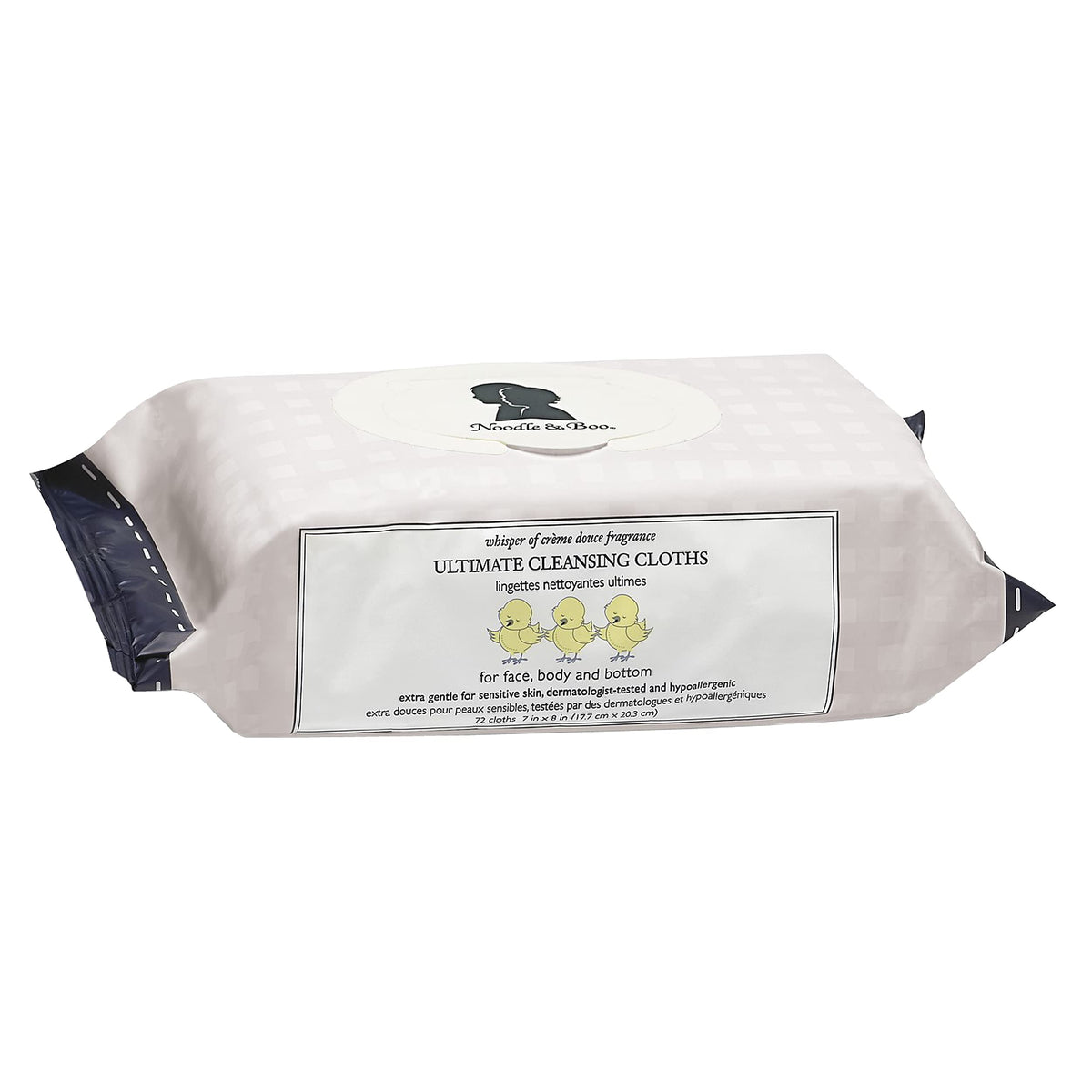 Noodle & Boo front packaging showing 72-count Crème Douce wipes, gentle cleansing