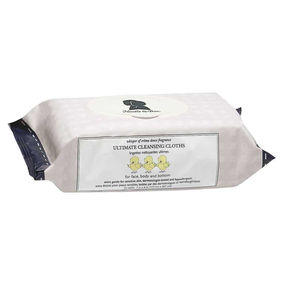 Noodle & Boo front packaging showing 72-count Crème Douce wipes, gentle cleansing