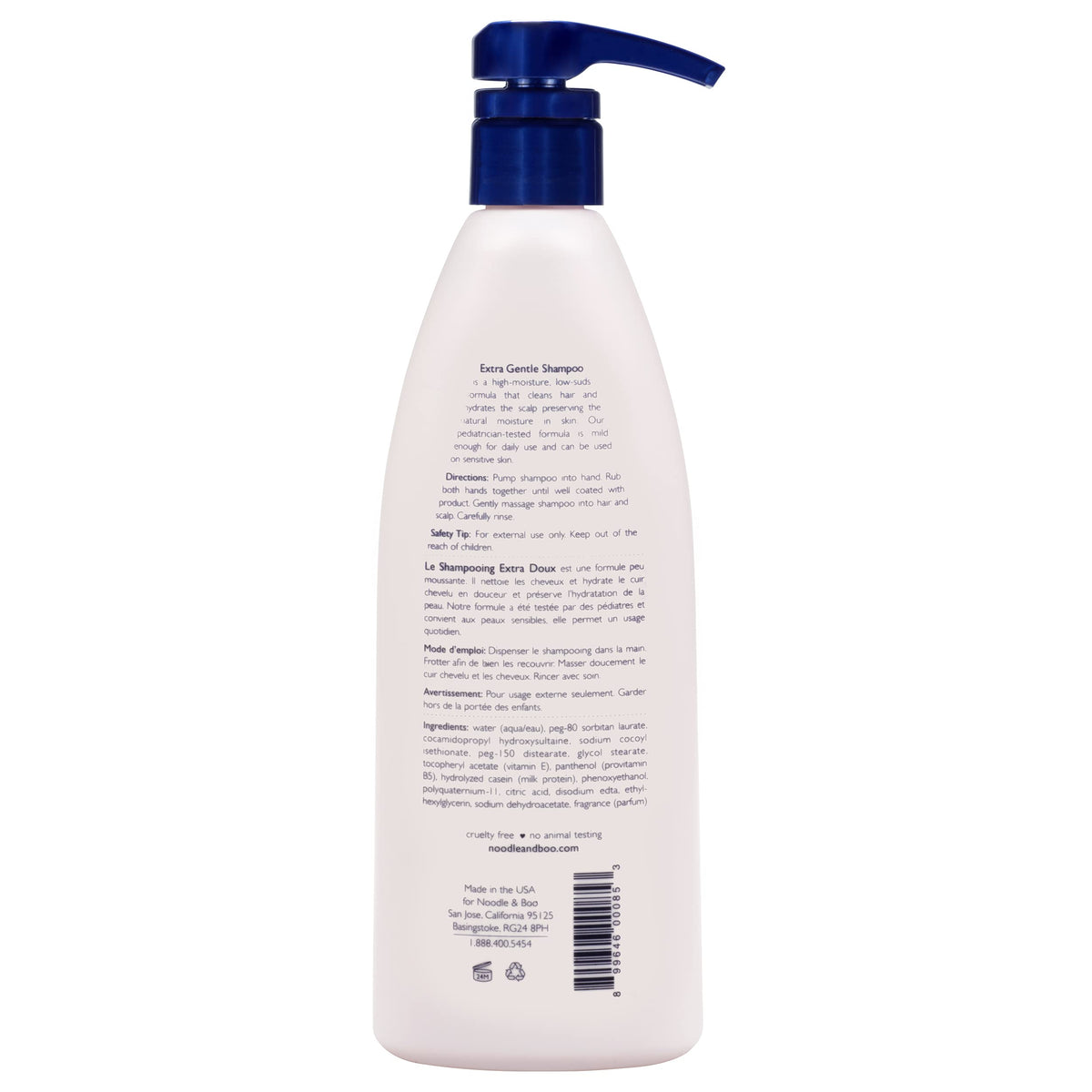 Noodle & Boo pump dispensing low-suds lather for gentle cleansing benefit
