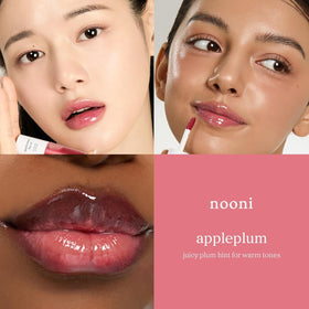 NOONI Applecherry on model lips, glossy tinted finish enhances volume