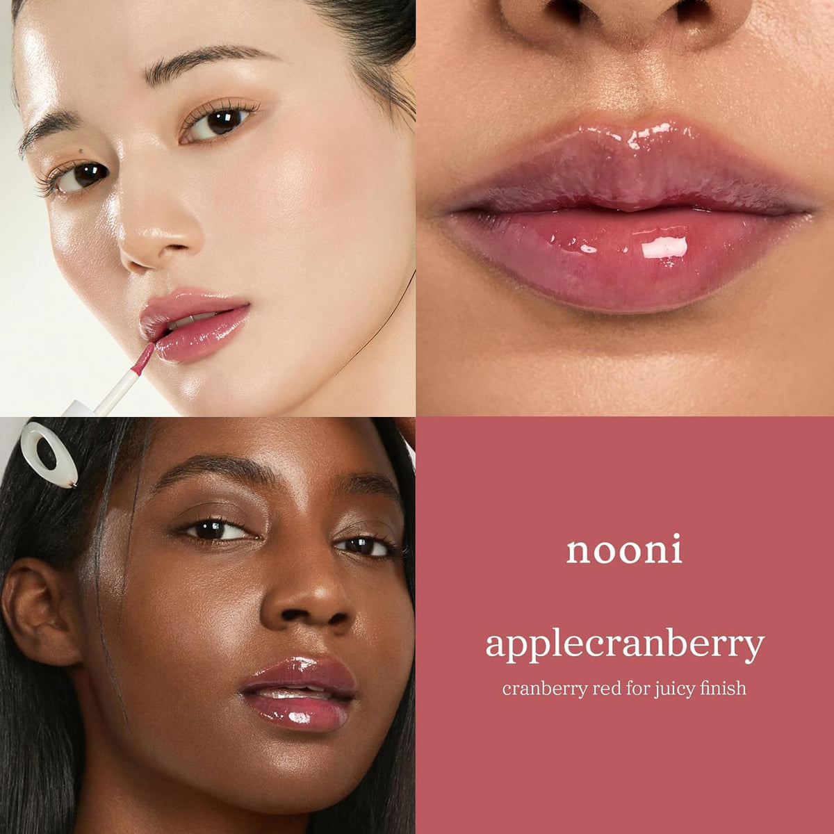NOONI texture swatch of Applecranberry lip oil showing glossy hydration benefit