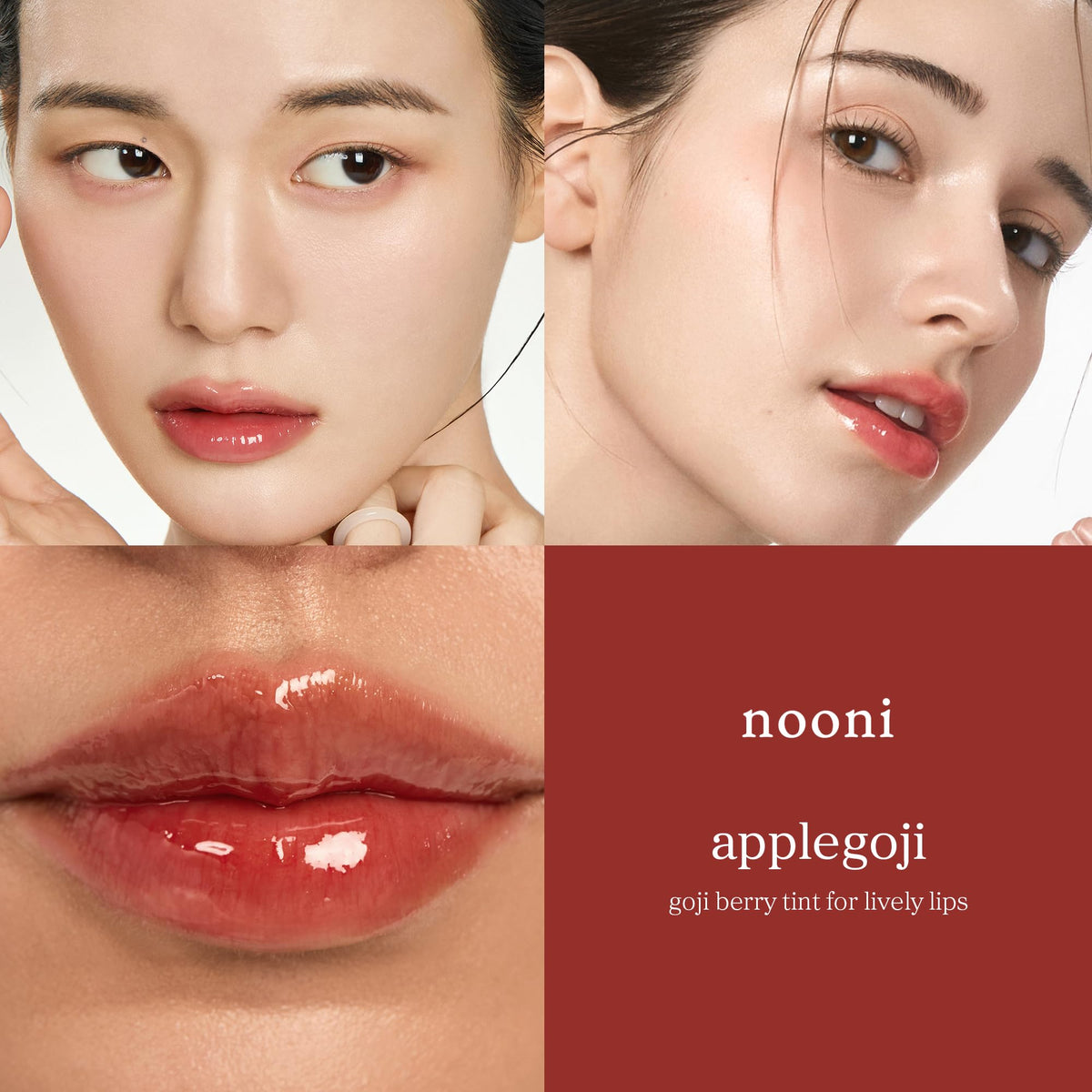 NOONI close-up texture of lip oil showing glossy, non-sticky finish and shine