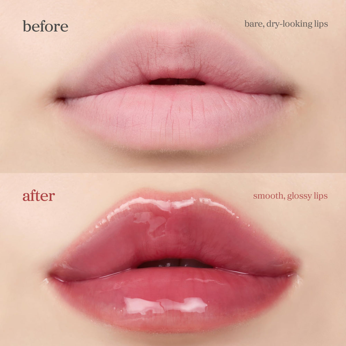 NOONI lip before and after demonstrating hydration and visible tint benefits