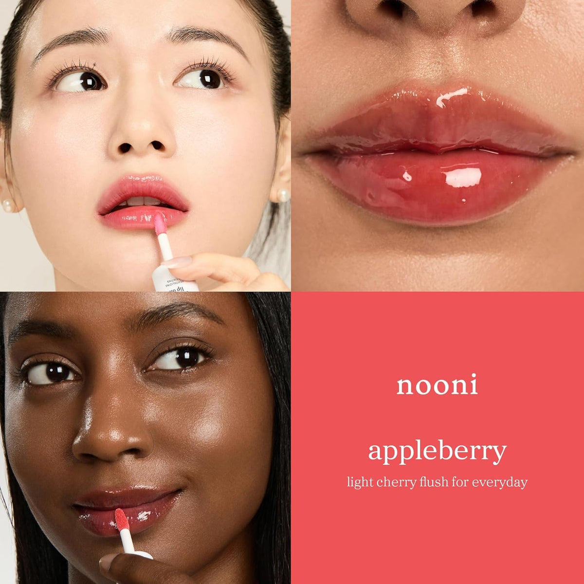 NOONI close-up of Appleberry gloss swirled to show sheer tint and healthy shine
