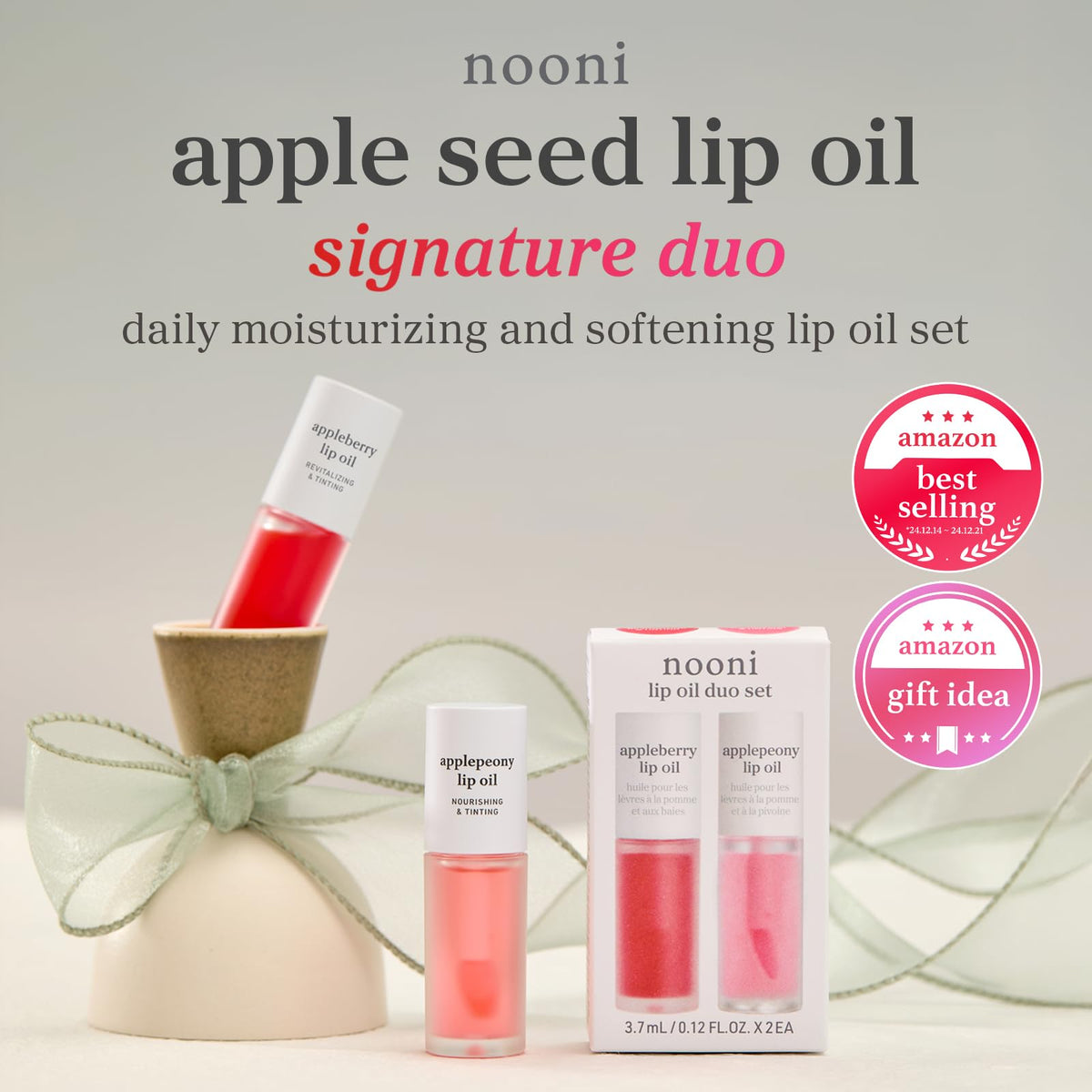 NOONI close-up applicator and lip oil texture highlighting smooth glide benefit