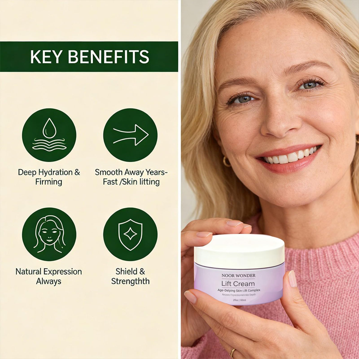 NOOR CREAM beside a 60ml reference object showing generous size and value