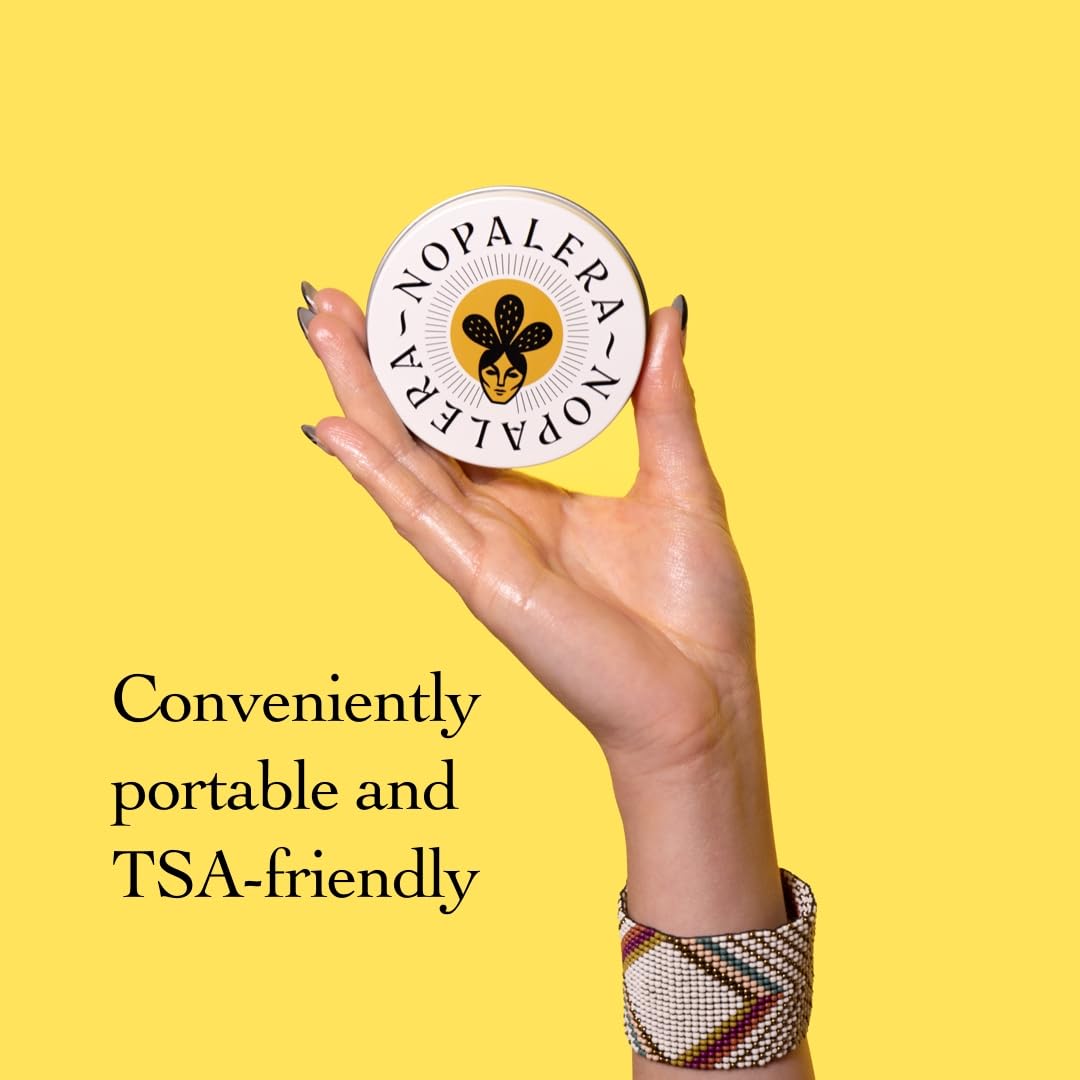 Nopalera tin beside a coin showing 2.2 oz scale and travel convenience