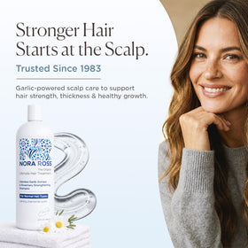 Nora Ross label closeup highlighting garlic extract and rosemary benefits