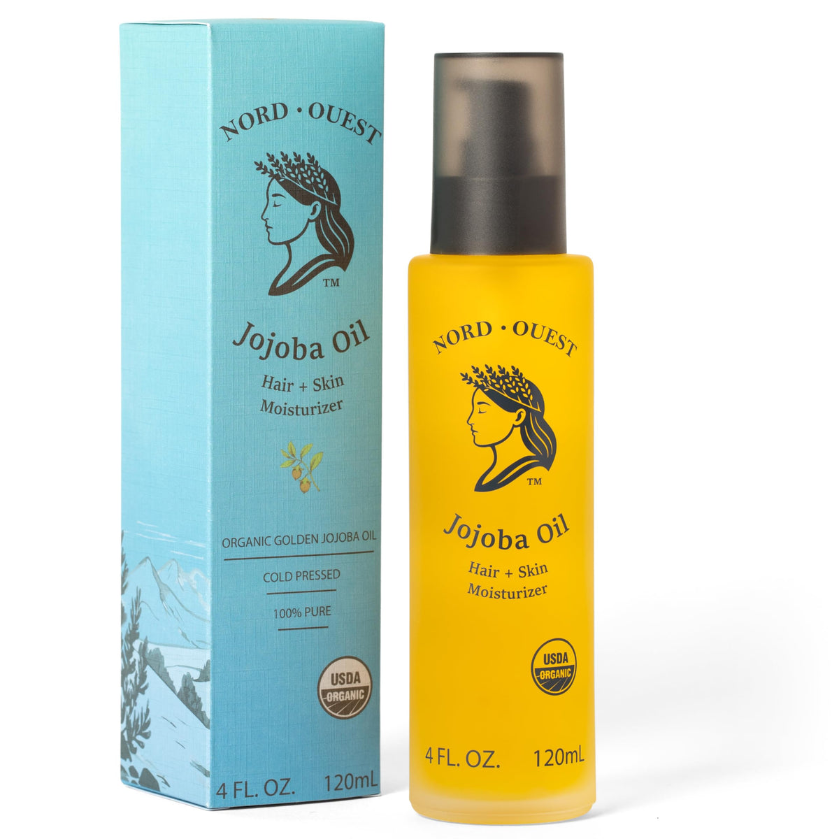 Nord-Ouest jojoba oil bottle front view shows premium packaging and organic label
