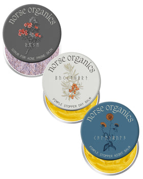 Norse Organics front packaging showing the three-piece acne system and benefits